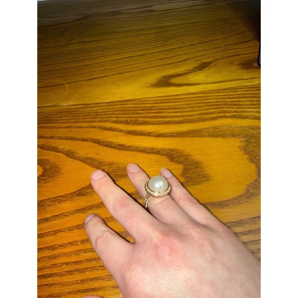 Rose Gold Tone Faux Pearl Pave Crystal Halo Statement Cocktail Ring Size 6.75